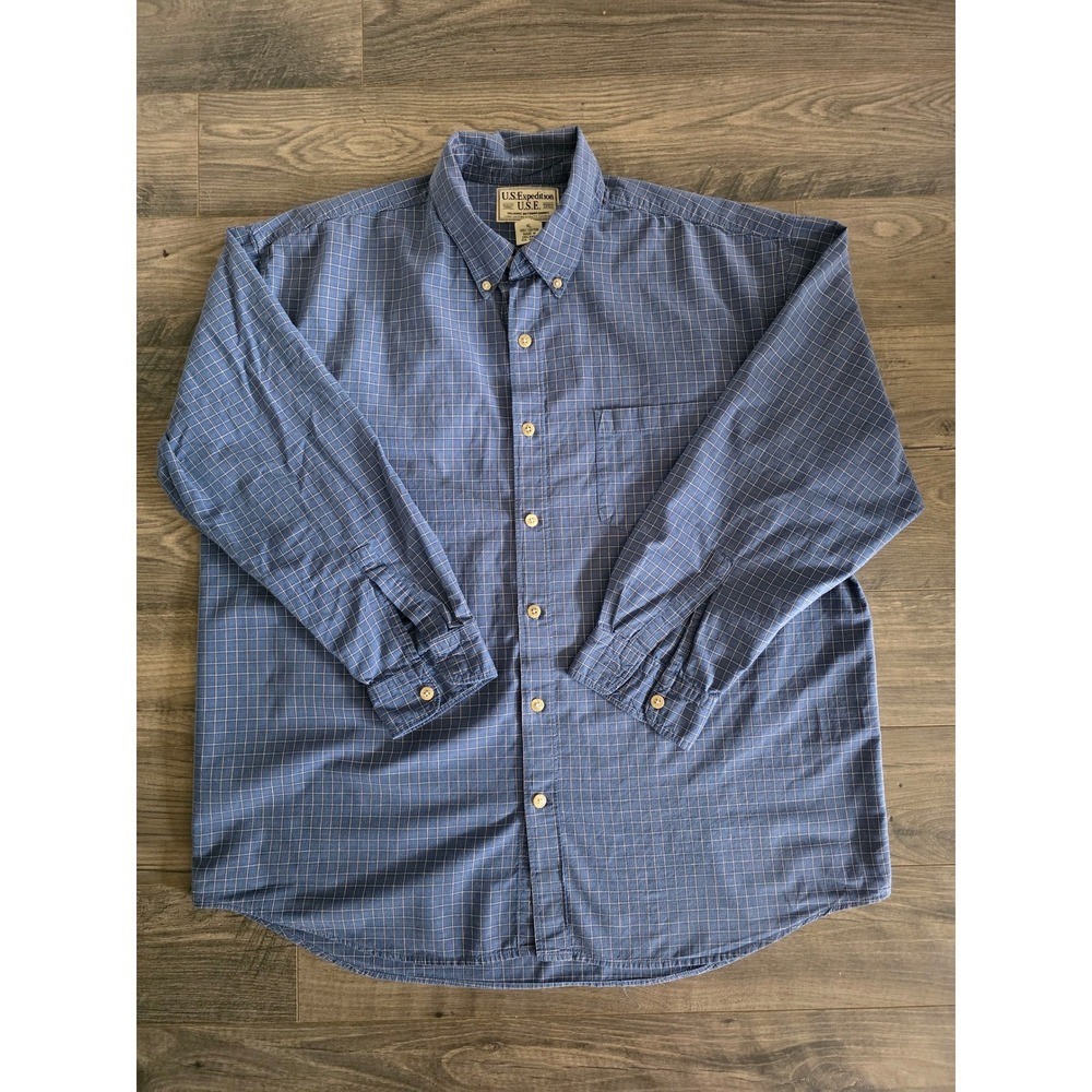 Mens XL US Expedition Blue Windowpane Check Cotton Button Down Shirt Long Sleeve